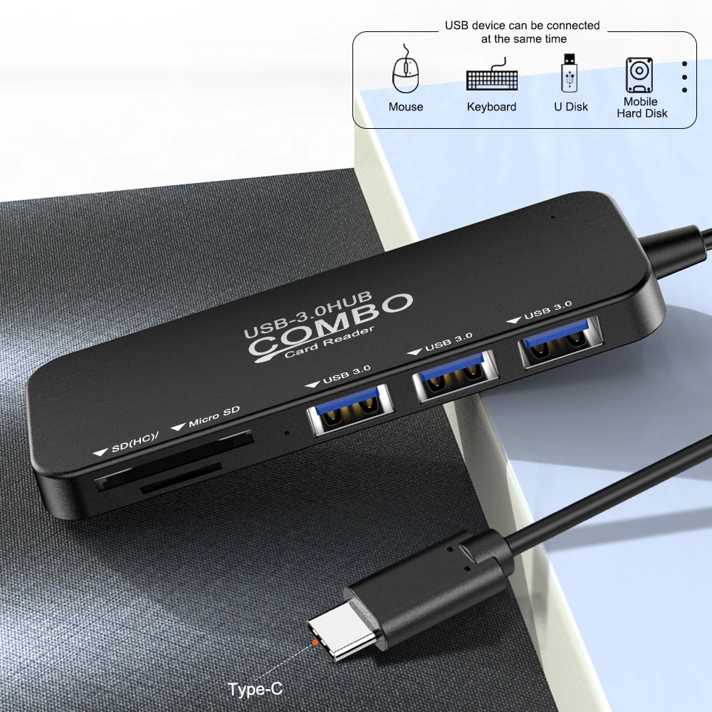 USB C to USB 3.0 Three Port HUB With Micro SD & SD Card Slot